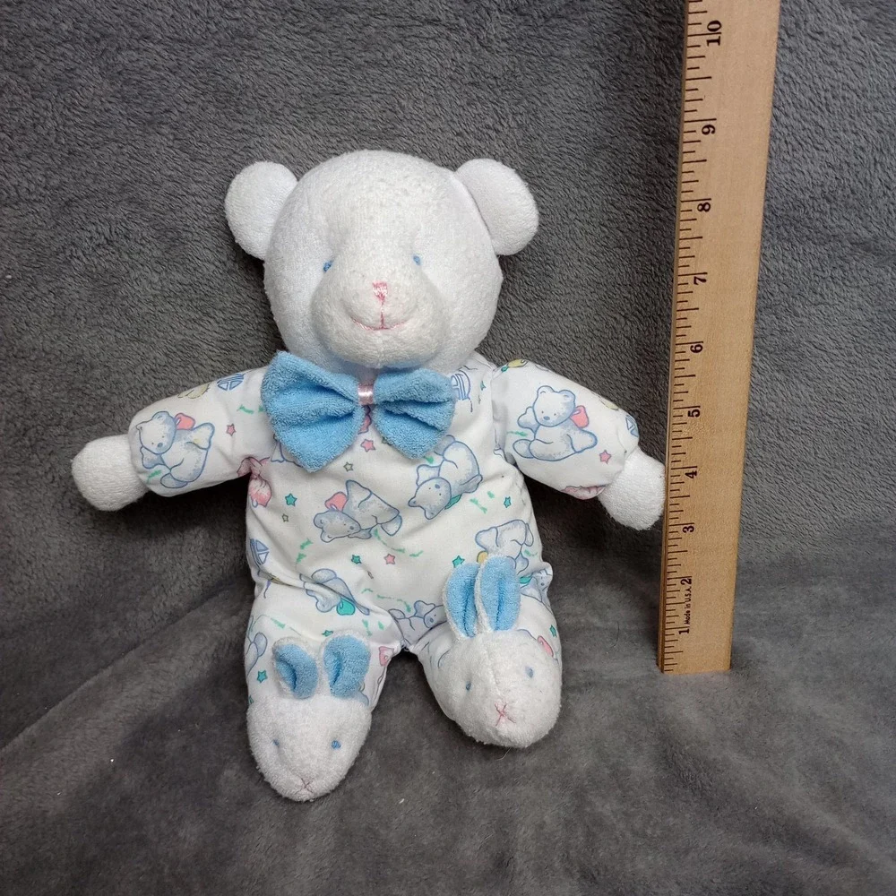 JC PENNEY Terrycloth Bear Blue Bowtie‎ Bunny Slippers Blue Eyes Pink Nose Rattle